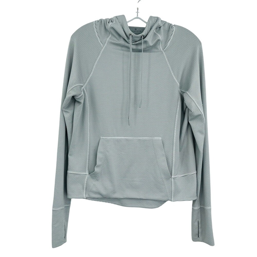 Athleta Hoodie Womens XS Gray Striped Cowl Neck Thumbhole Pullover Running